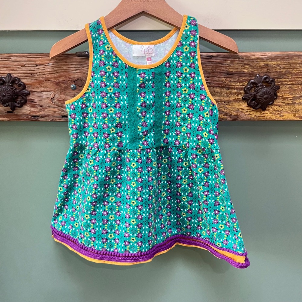 435 by Matilda Jane Girls Green Floral Lace Pom Pom Racerback Tank Top Size 8